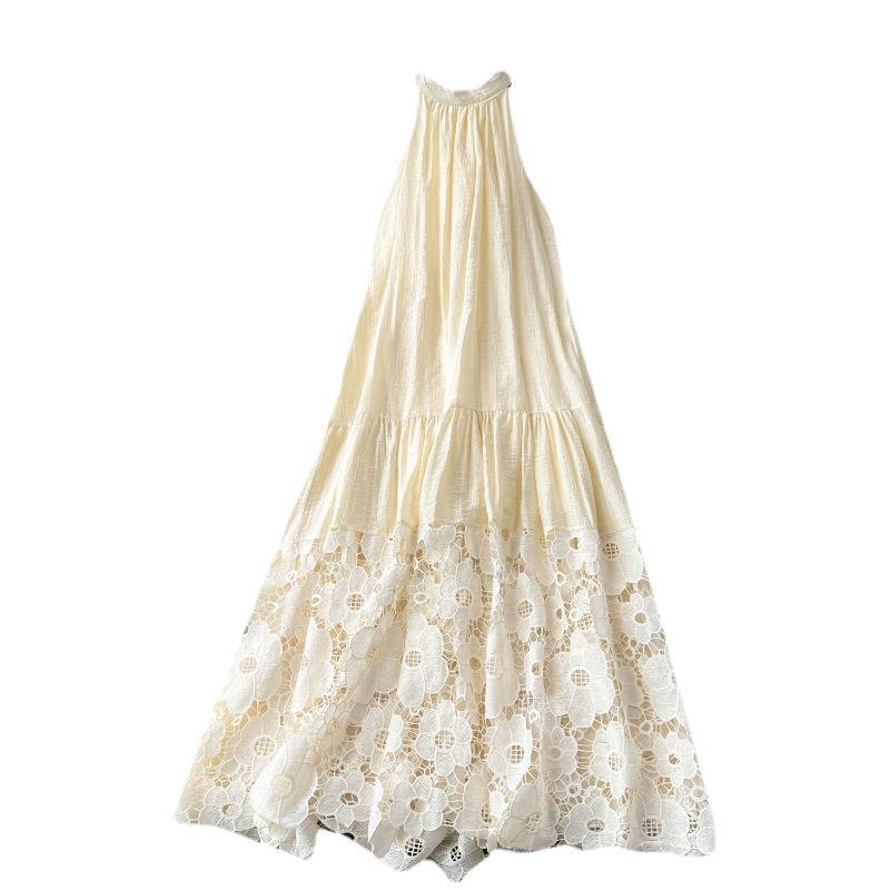 High-end neck-hanging holiday skirt Qianjin style dress high-end light luxury niche embroidery hollow lace dress women's summer