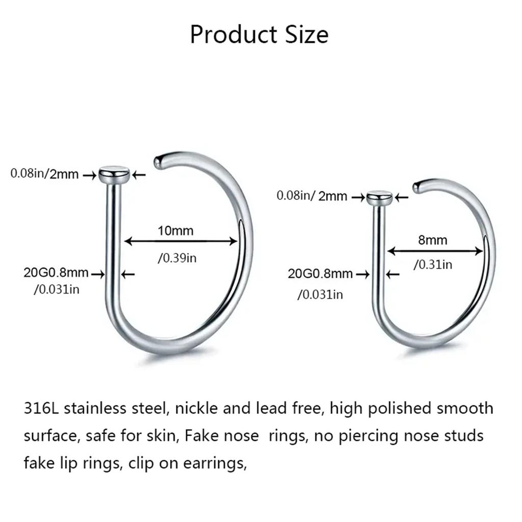 3-5Pcs Hypoallergenic 316L Stainless Steel Fake Piercing Nose Rings,D-Shape Septum Nose Ring Clip On Nose False Piercing Jewelry