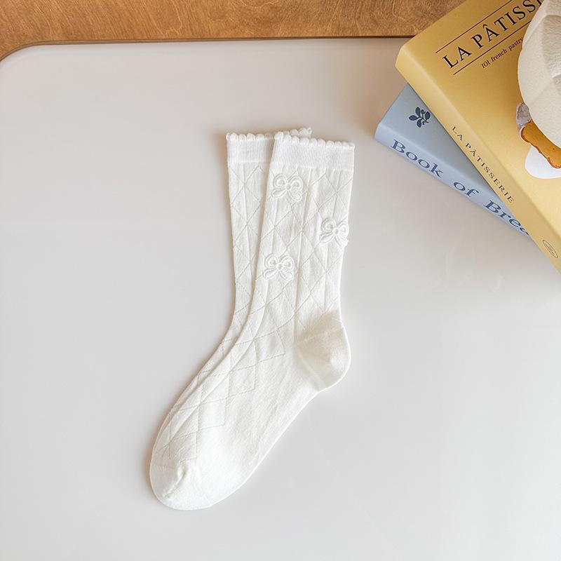 

1 Pair Diamond Jacquard Crew Socks Combed Cotton School Socks for Girl Summer Breathable Embroidered Bow Patch Solid Color Sock