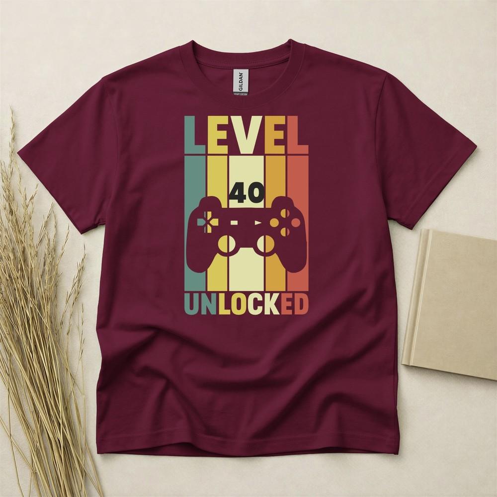 Level 40 Unlocked 40th Birthday T Shirt Custom Year Gift Gildan Heavy Cotton Tee