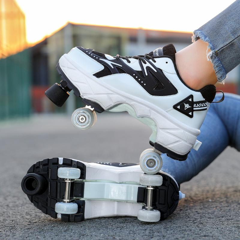 Chaussures à roulettes à roues cachées pour jeunes, chaussures de patinage à roulettes à quatre roues, baskets déformables décontractées pour enfants, chaussures à roulettes