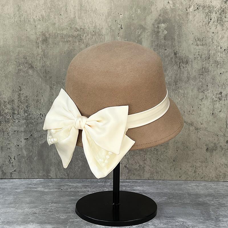 

Oversized Bow With Pearl Wool Top Hat Women S French Hepburn Style Retro Short Brim Lampshade Bucket Hat m (57cm) - one size fits most, adjustable inside