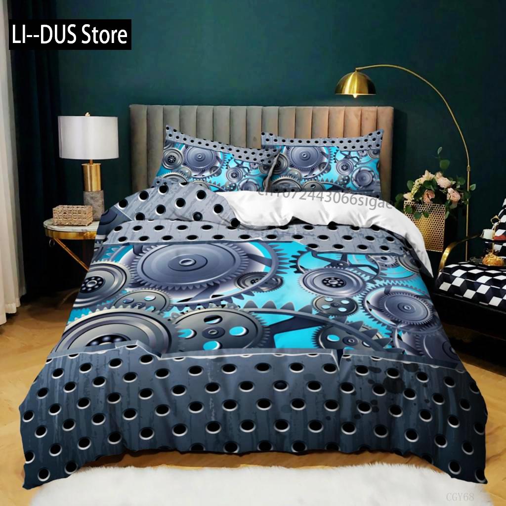 Gear Duvet Cover Set Colorful Gear Mechanical Device Bedding Set For Kids Boys Men Queen King Size Chic Microfiber Quilt Cover