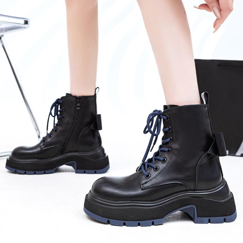 Bow British style platform Martin boots women's 2025 autumn and winter new boots muffin thick heel black short boots women