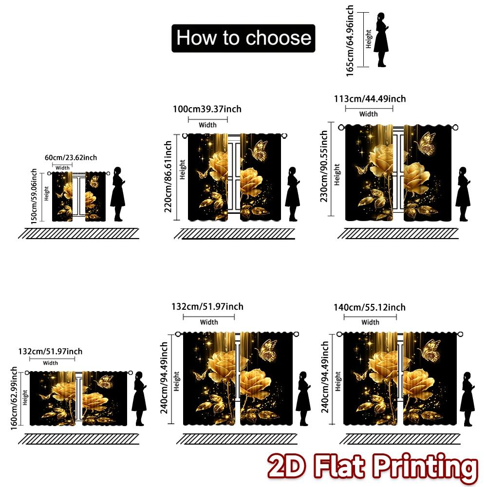 2D Flat Printing 2pcs Curtain Party Curtains Golden Roses and Butterflies Digital Printed Polyester Drapes Family Party Perfect