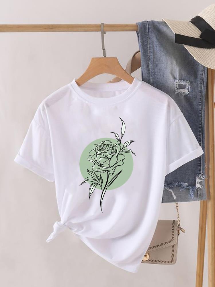 (Asian Size) Sweet Flower Printed Clothing Lady Female Top Casual T Shirt Fashion Short Sleeve T-shirts Women Graphic Tee
