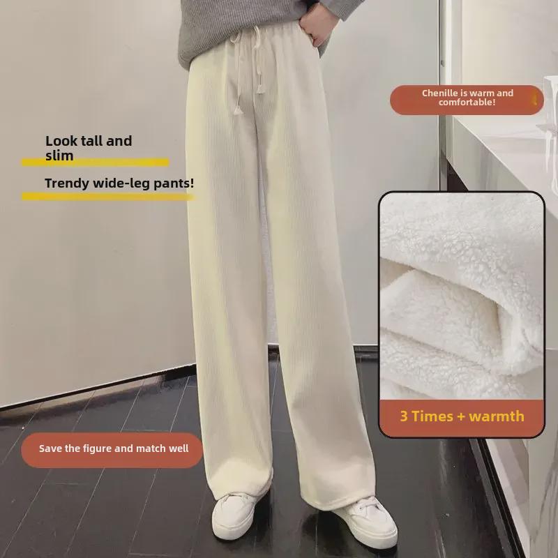 Women's 2024 Winter Plus Velvet Corduroy Wide-Leg Pants - Lambskin Lined Casual Straight Trousers