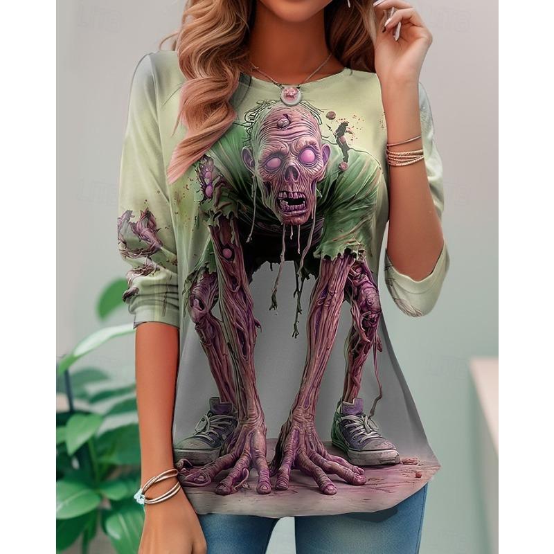 Damen T-Shirt,3D-Druck,O-Ausschnitt,Langarm,Lässig,Leichtes Oberteil,Halloween,Hip Hop,Große Größe,Mode