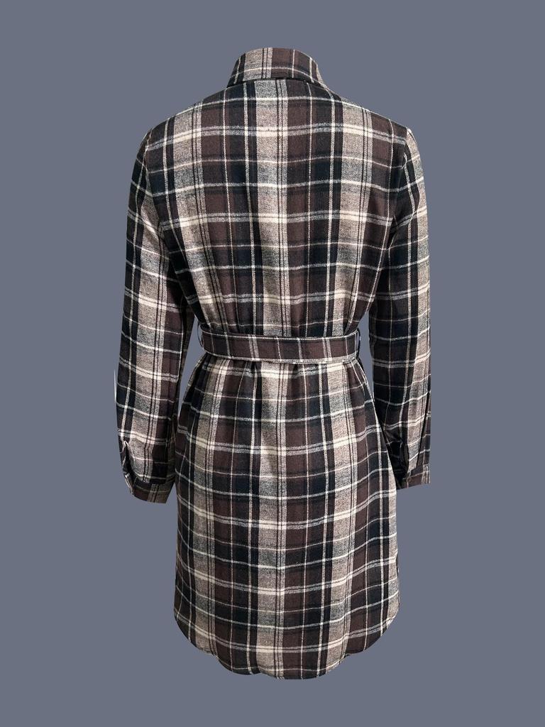 Abito a camicia a quadri slim fit europeo e americano con design che segna la vita, per primavera e autunno