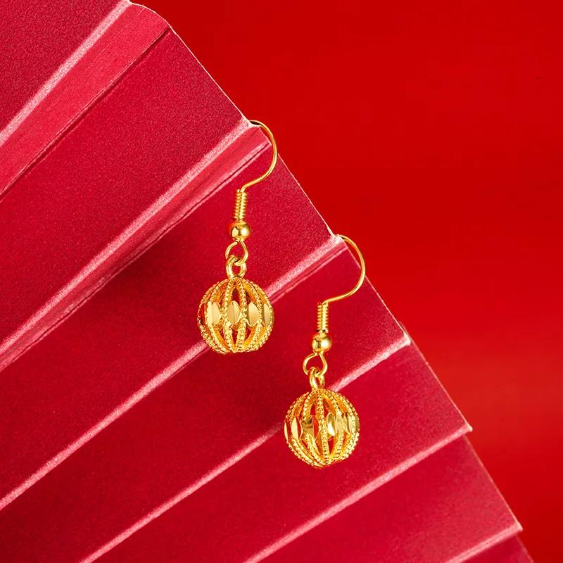 Genuine 18K Gold Color Hollow Bead Drop Earrings Simple Long Elegant Earrings for Women Fine Jewelry Gifts Not Fade