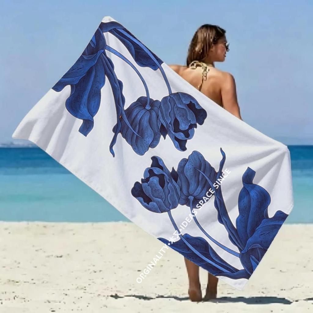 Navy Blue Tulip Beach Towel Patterned Sunscreen And Windproof Suitable For Swimming Pool Camping Travel