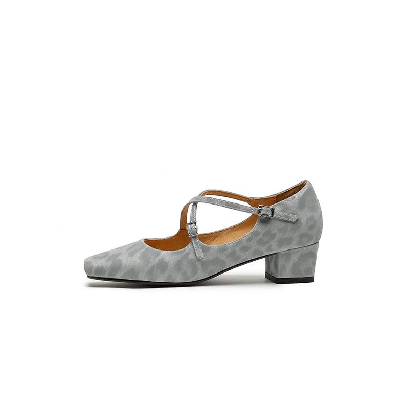 Krazing Pot Full Grain Leather Fashion Spring Autumn Med Heels Women Square Toe Buckle Straps Shoes Leopard Shallow Pumps