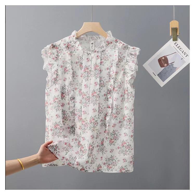 Ladies Summer French Sleeveless Top Thin Elegant Chiffon Printed Top