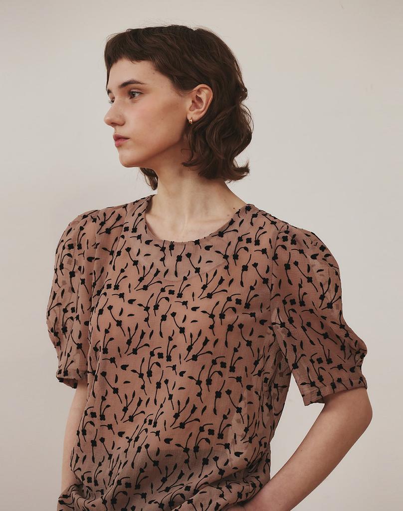 GIEMAR Black Flower Chiffon Blouse Beige