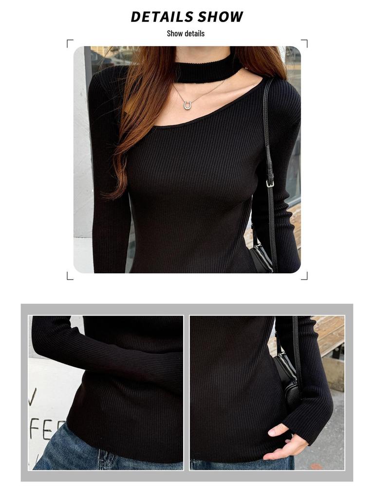 Women's Black Long Sleeve Knit Sweater Top - Halter Neck with Hollow Design, Perfect Slimming Base Layer for Autumn/Winter