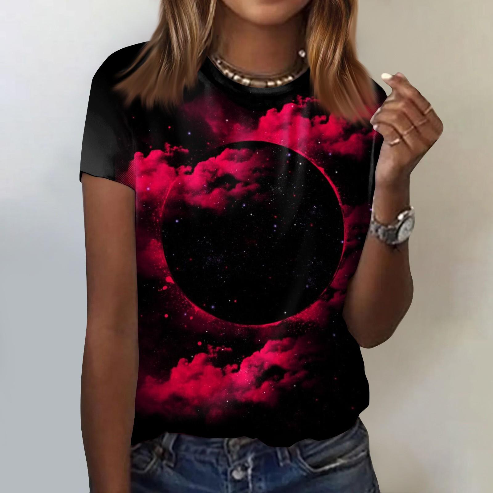 

Женская модная повседневная футболка с коротким рукавом и круглым вырезом с принтом Galaxy XXL чёрный