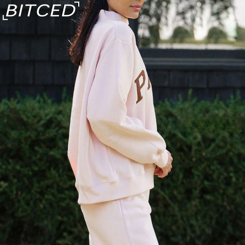 BITCED Damen Winter-Sweatshirt mit Buchstaben-Aufnäher-Stickerei in Hellrosa, Lockere Baumwoll-Passform