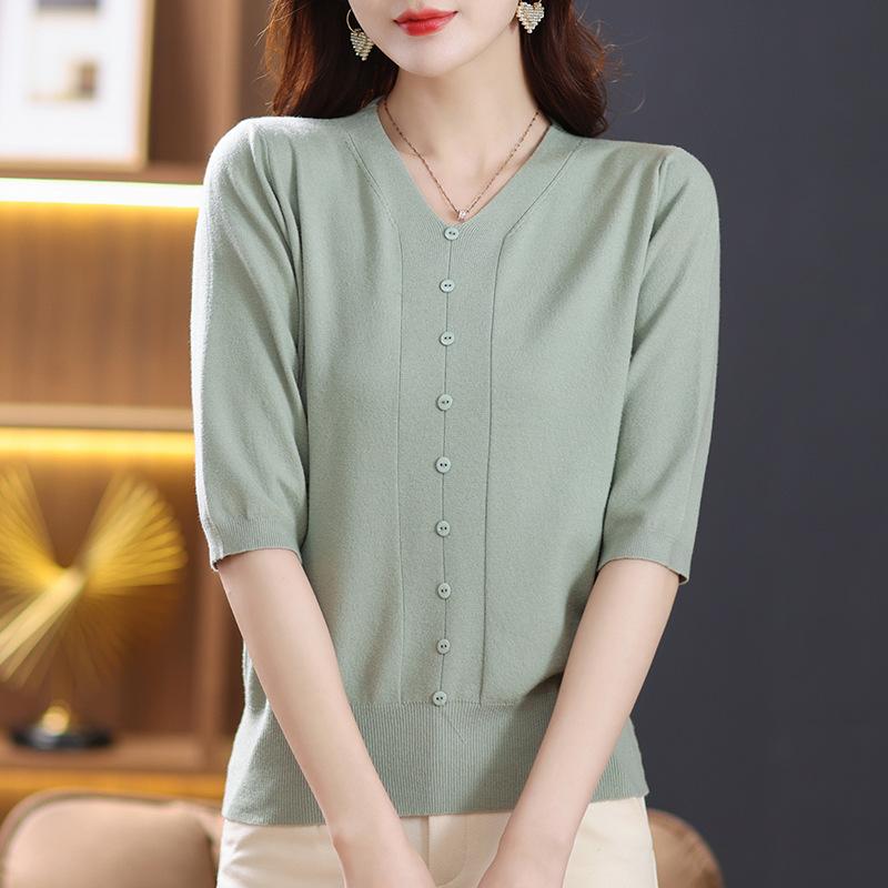 Summer Autumn V-neck Solid Color Knitting Pullover Top Women 3/4 Sleeve Solid Color Knitting Tee Ladies Sweater