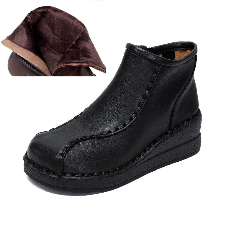 Johnature Retro Soft Soled Wedges Short Boots Genuine Leather Women's Shoes Round Toe Plush Cotton Boots