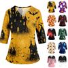 Womens Halloween Print V Neck Scrub Top Side Slit Three Quarter Sleeve Medical Uniform Shirt with Pocket