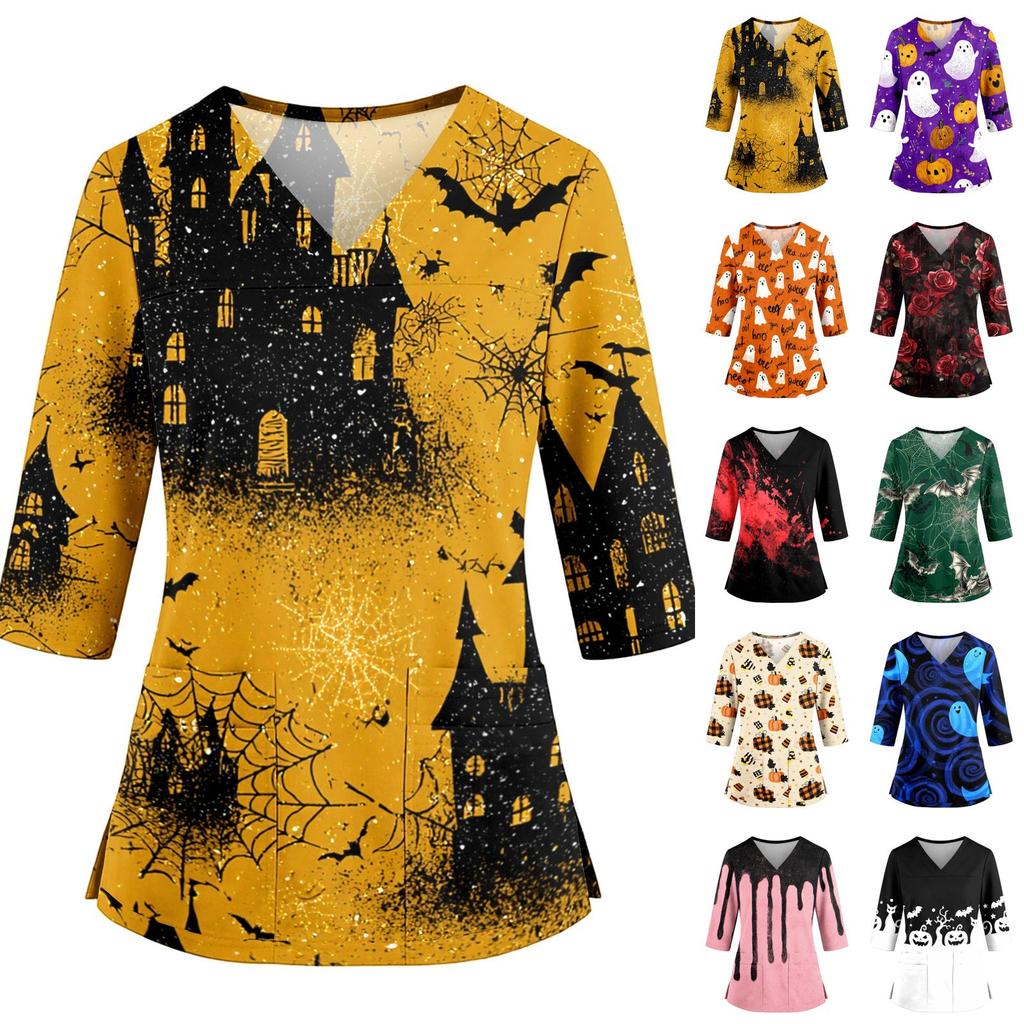 Womens Halloween Print V Neck Scrub Top Side Slit Three Quarter Sleeve Medical Uniform Shirt with Pocket