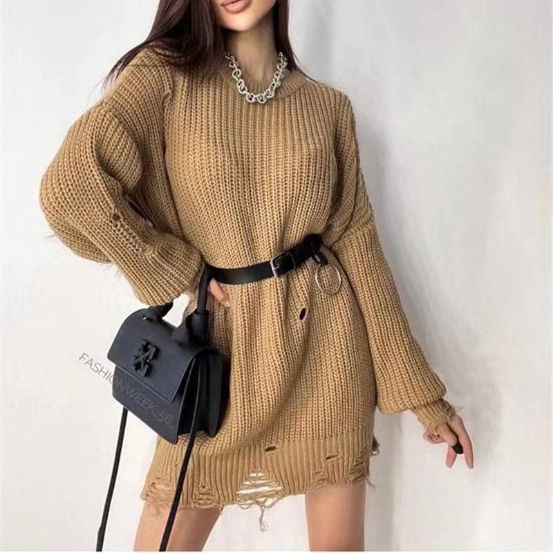 Autumn/Winter Solid Color Ripped Hem Round Neck Loose Knit Sweater