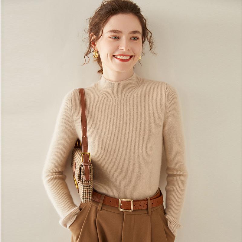 Women's Double-Strand Thickened Cashmere Sweater - Half-High Collar, Loose Fit, Autumn/Winter Pullover Knit Base Layer.