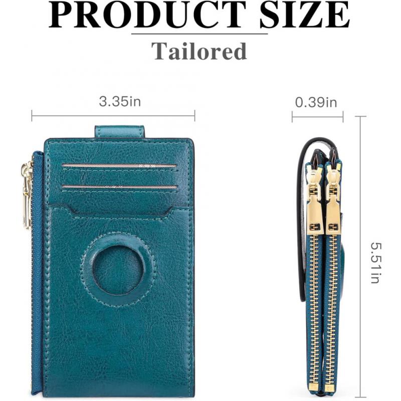 Womens AirTag Wallet Genuine Leahter Bifold Credit Card Holder with Built-in Integrated Case for AirTag Blue