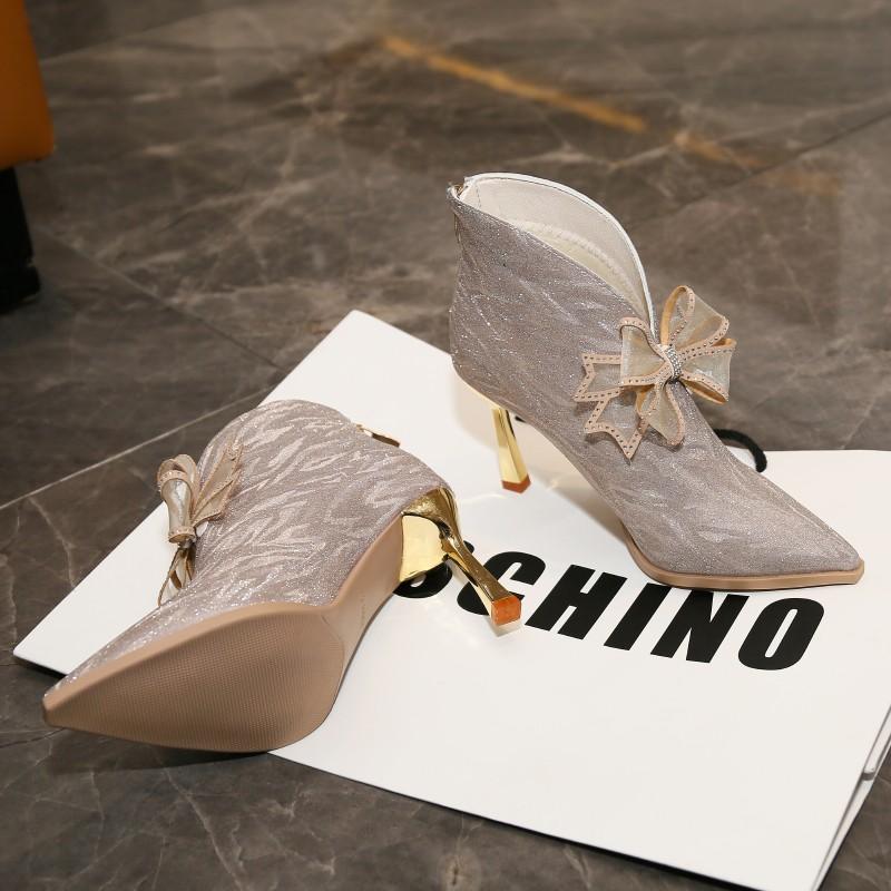 Fashion Autumn New Thin Heel Single Boots Women's Fashion Pointy Rhinester Butterfly Knot Temperament Short Leg High Heels