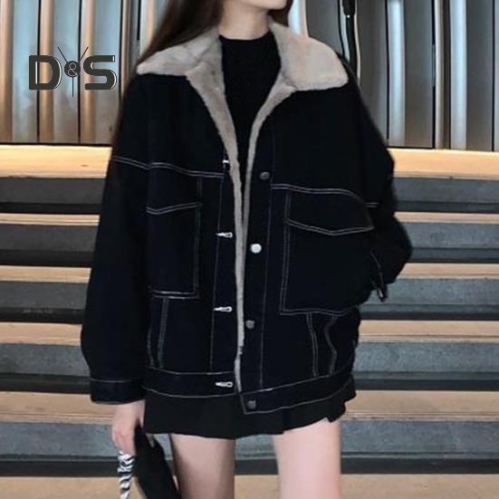Kurtka damska gruba pluszowa podszewka jednolity kolor z kieszeniami klapa jednorzędowa długie rękawy ciepła luźna kurtka dżinsowa codzienny płaszcz na zewnątrz