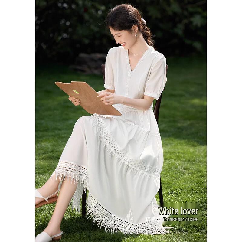 XWI French V-Neck Lace Cotton Midi Dress