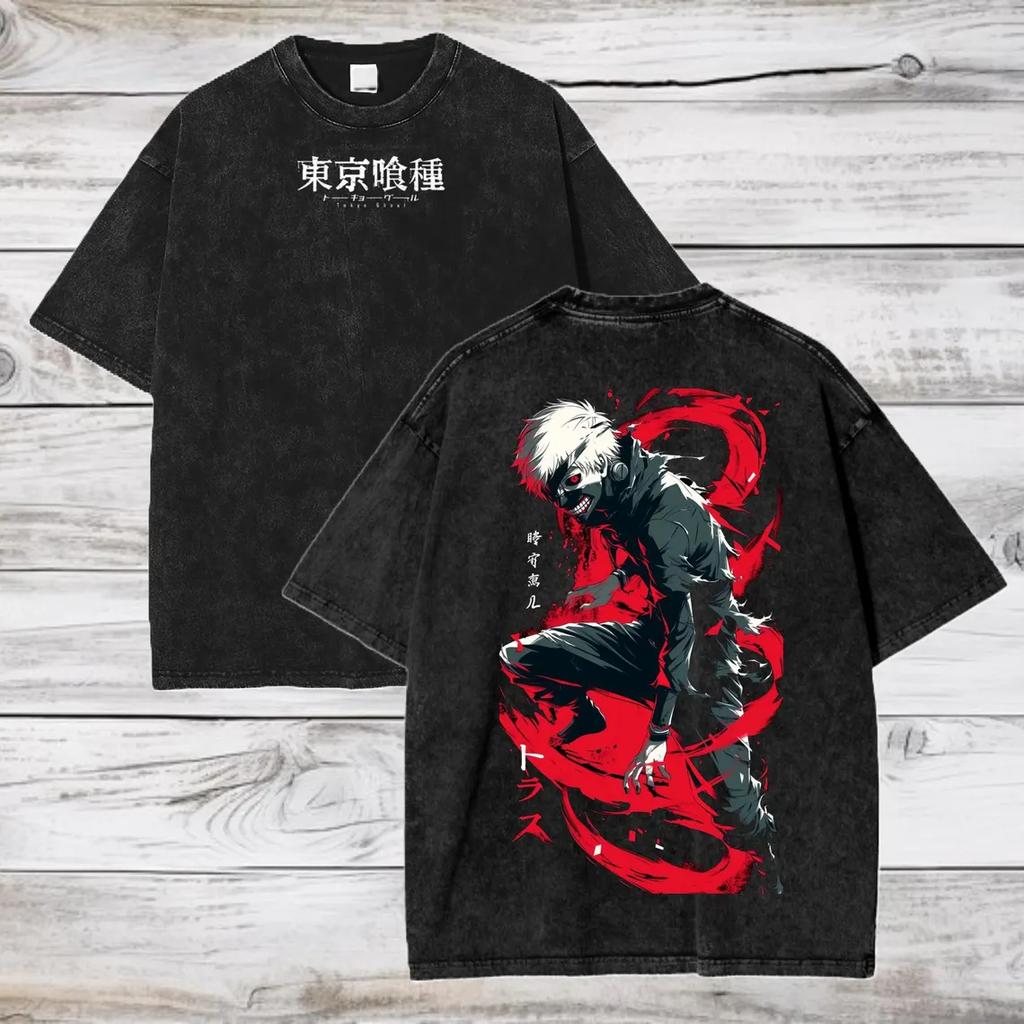 Manga Tokyo Ghost Printed Tshirt Summer Cotton Short Sleeve Tees Ken Kaneki Washed Oversized T Shirt Mens Womens Clothing