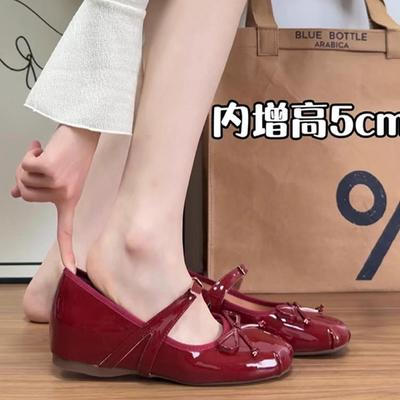 Versão em pele de ovelha~ Couro pequeno homem aumento de altura interior 5cm sapatos Mary Jane vermelhos mulher laço boca leve sapatos de bailarina sapatos de salto único