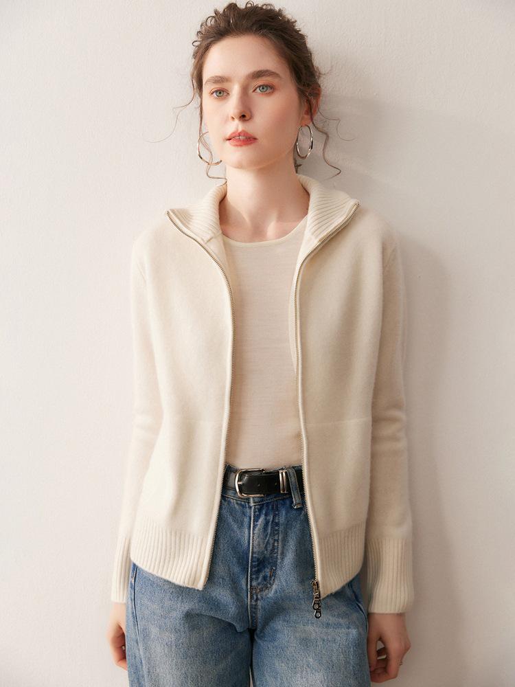 2025 A/W Women's Double-Layer Cashmere Stand Collar Cardigan Sweater with Zippers and Pockets