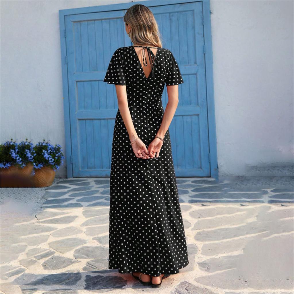 Abito Maxi da Donna a Pois con Scollo a V e Maniche Corte, Vestibilità Fluida con Dettagli in Vita e Tessuto Leggero per l'Uso Quotidiano