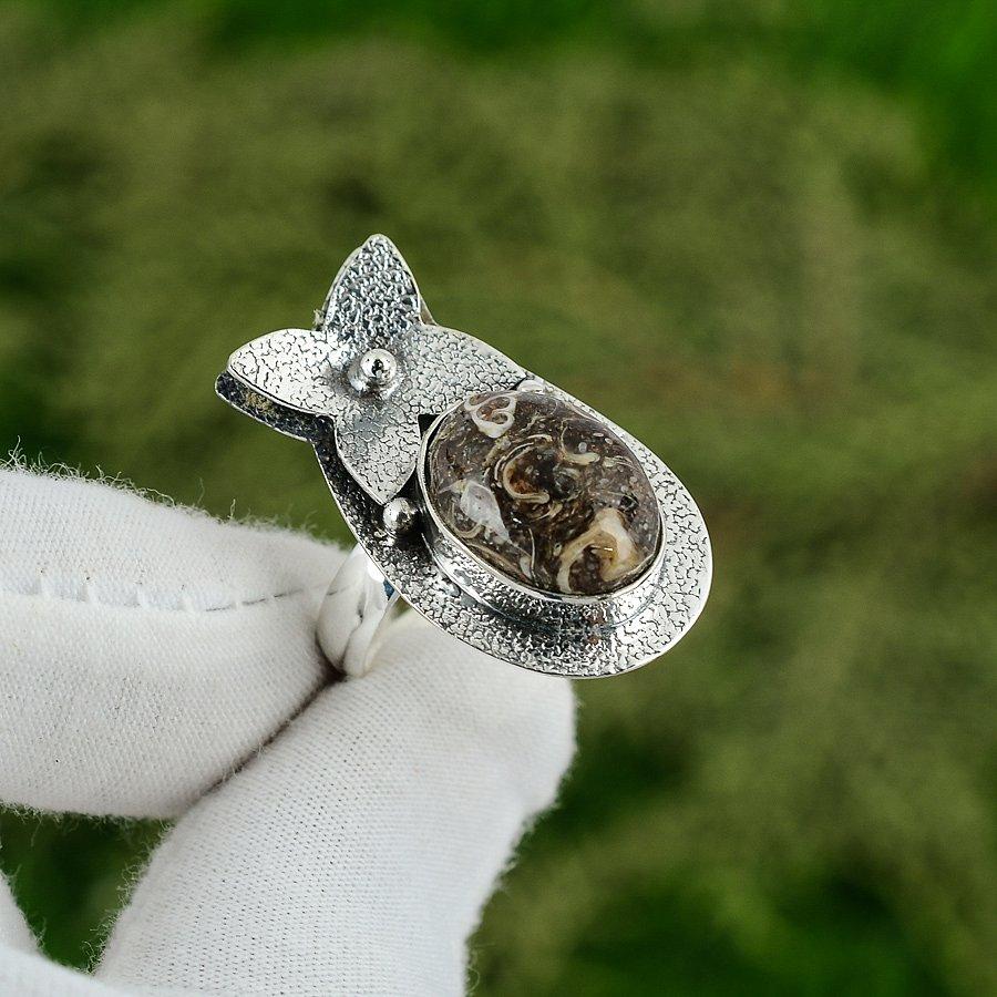 925 Silver Oval Turritella Agate Gemstone Bezel Wedding Stackable Daughter Ring Adjustable