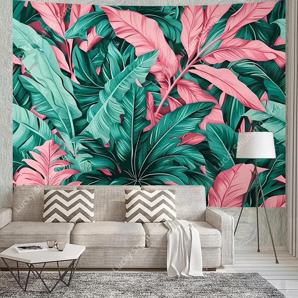 Tapestry Wall Hanging Tropical Green Leaves Pink Exotic Leaves Tropical Banana Palm Flower Wall Tapestry Bedroom Tablecloth Dorm