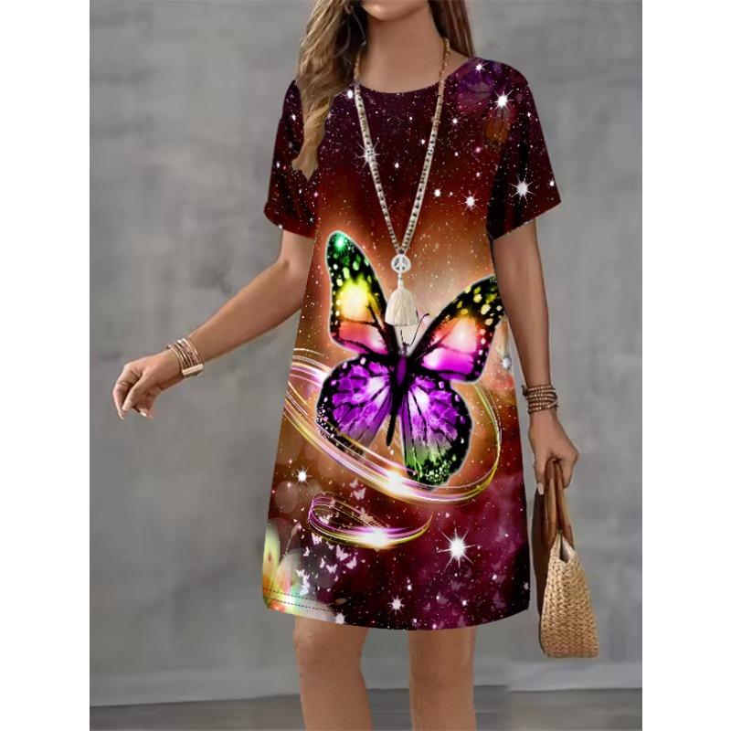 

Women Dress Butterfly Pattern Printing Design Sense Pattern Summer Elegant Women A-Line Dress Casual Short Sleeve Mini Dress S
