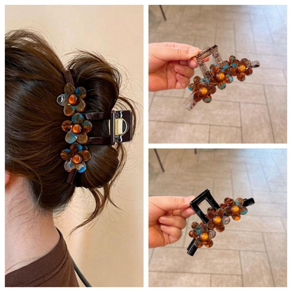 Tortoise Shell Acetic Acid Hair Claw Three Flower Non-Slip Grip Floral Shark Clip Large Size Strong Spring Acetate Hairpins