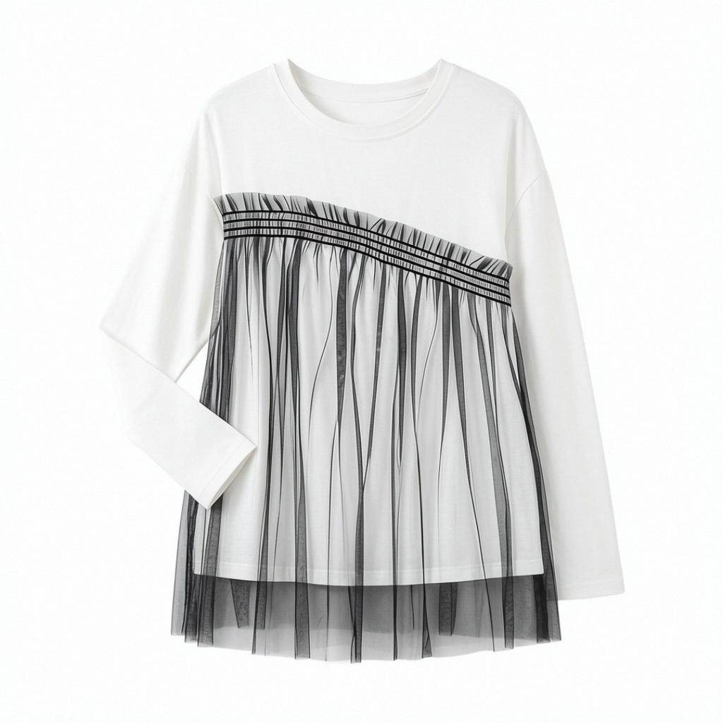 2026 New Spring and Autumn Women's Simple Casual Mesh Patchwork Long Sleeve Round Neck Pullover T-Shirt