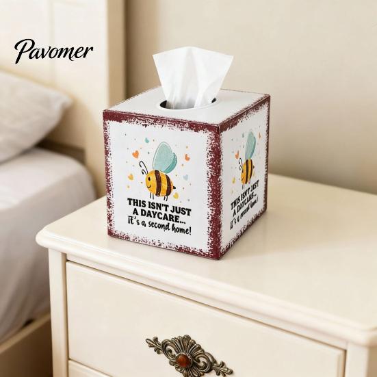 Durable Waterproof Tissue Container Iron Art Square Box, Bee And Bird Watercolor Print Farmhouse Style Paper Napkin Case Holder, Pastoral Decorative