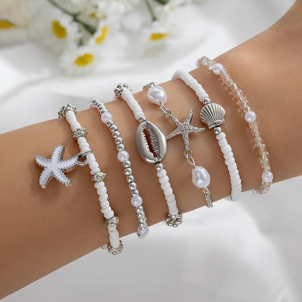 6Pcs Bohemia Starfish Shell Bracelet Set For Women Summer Beach Pearl Seed Bead Chain Bangle Female Vacation Jewelry Gift