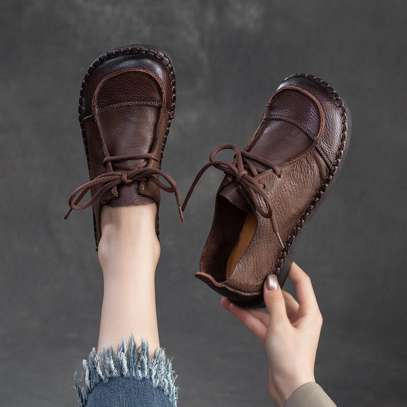 High Quality 2CM 2025 Spring New Soft Leather Soft Sole Vintage Style Single Shoe Front Lace Casual Comfortable Women's Shoe