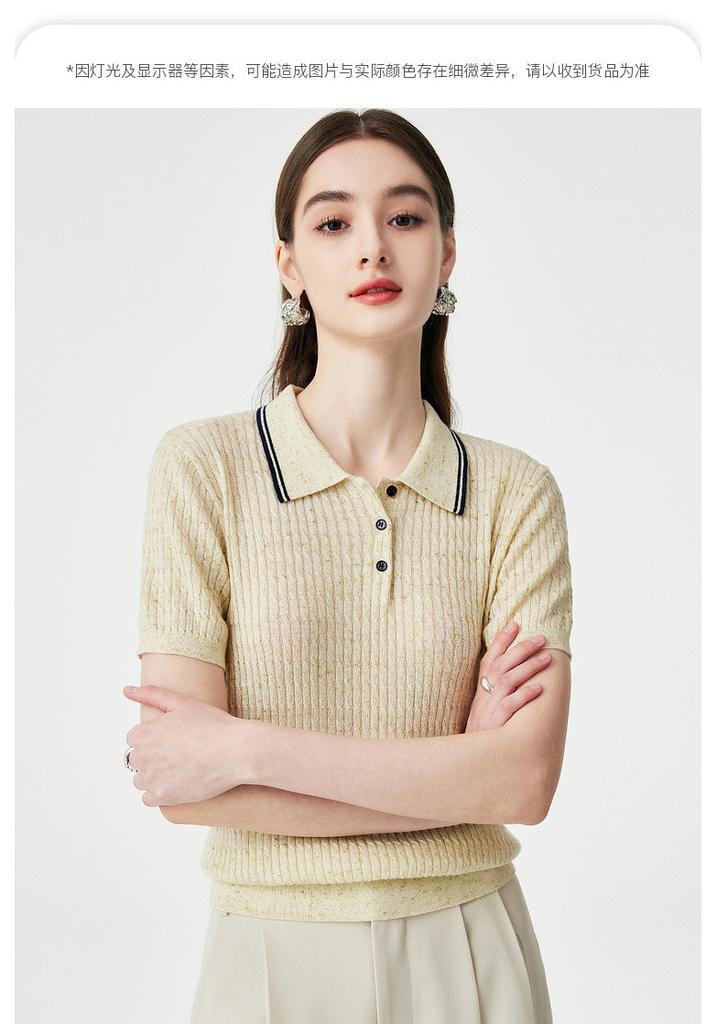 Fashion Color Dot Design: Summer Collar, Age Reducing, Soft, Skin Friendly, Multi Colored Knitted Short Sleeve Sweater with Wool for Women
