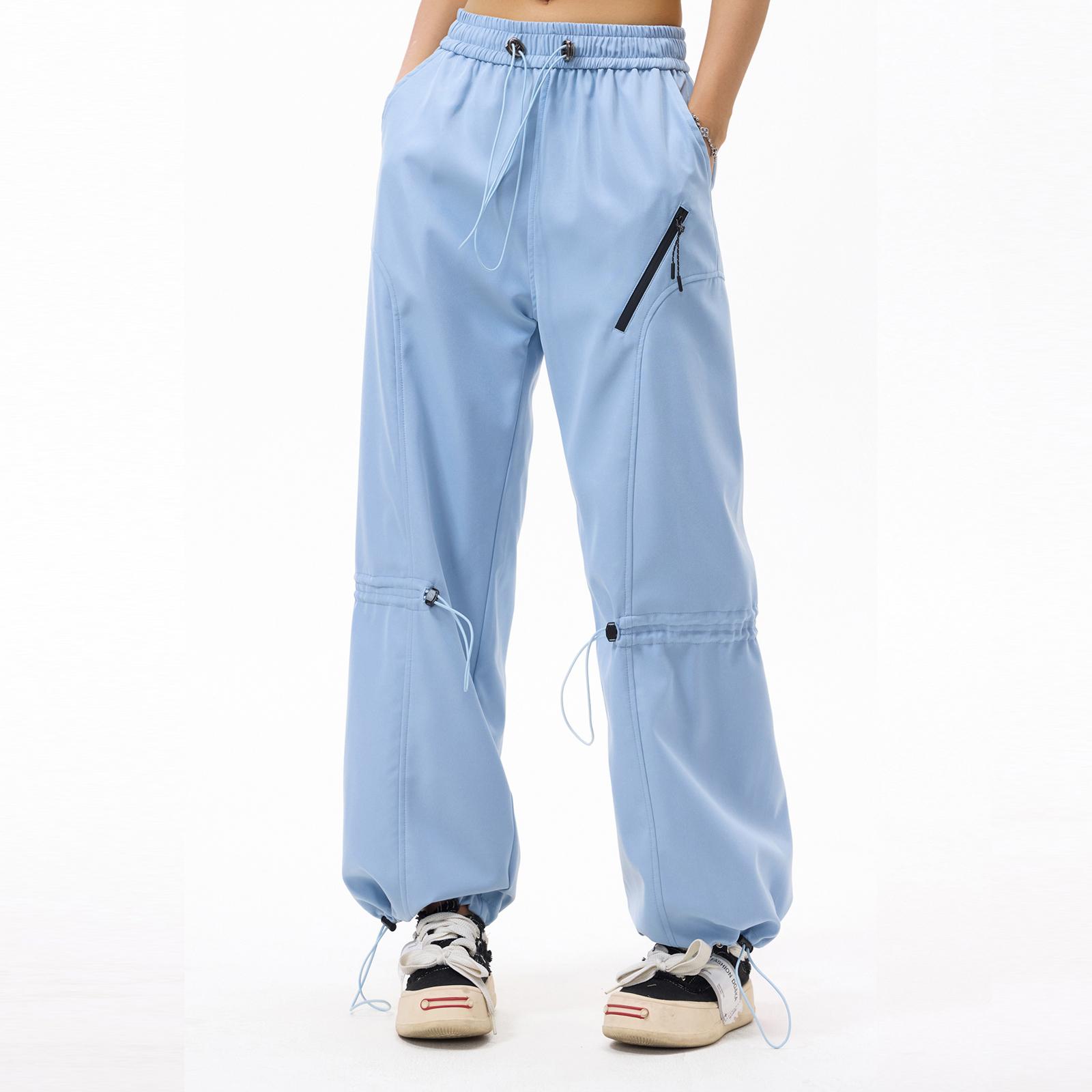 

Women s Overalls Casual Lightweight Solid Color Trousers Drawstring Multi-Pockets Straight Leg Pants XL небесно-голубой