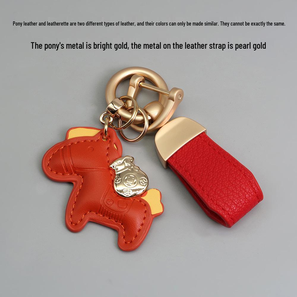 Kleiner Schaf- & Pferdeleder-Schlüsselanhänger mit Perlenanhänger - Gold