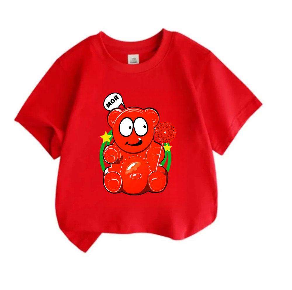 Kids Boys Girls Crew Neck Short Sleeve 100% Cotton T-Shirt Cute Glossy Red Gummy Bear Print Casual Lightweight Soft Summer Daily Tees for Children