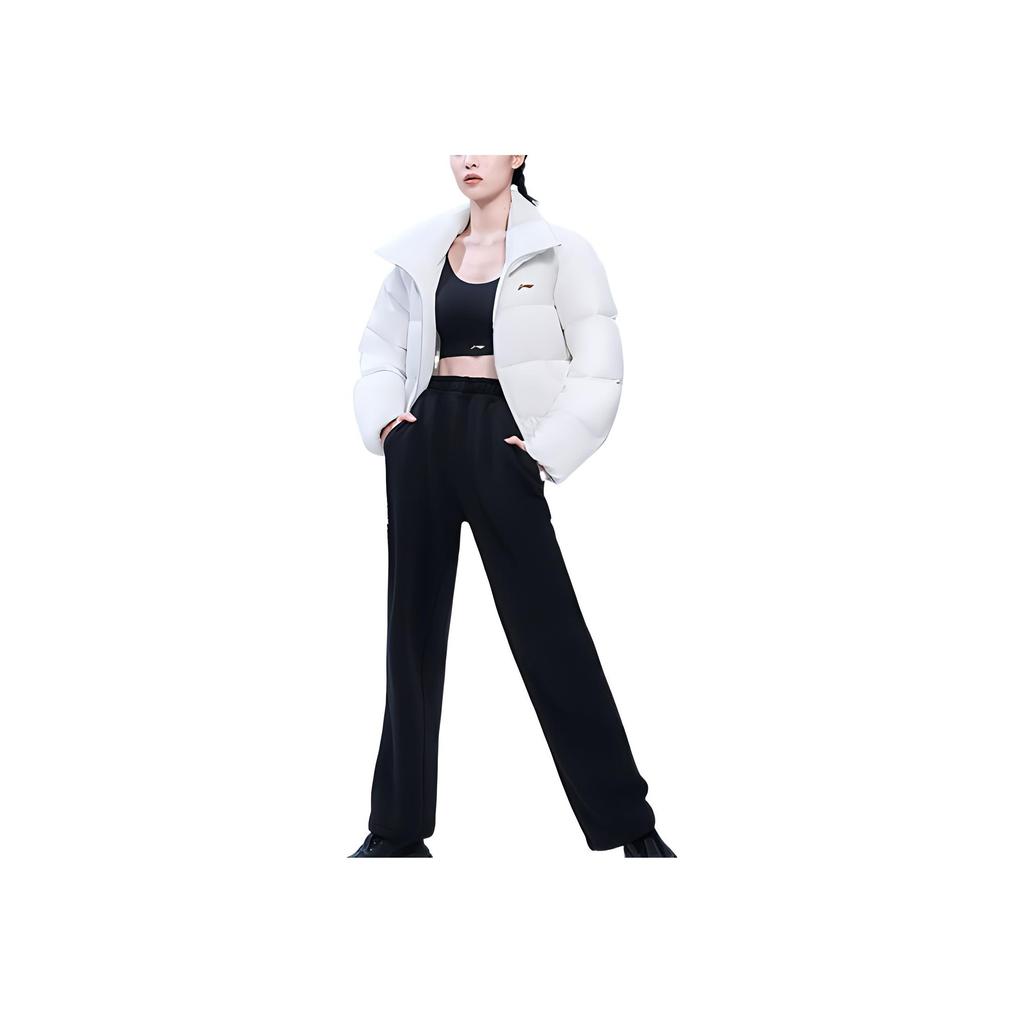 Li Ning Solid Color Straight Leg Drawstring Fleece Lined Warm Knitted Sports Pants Women Bottoms Black AKLSB10-4