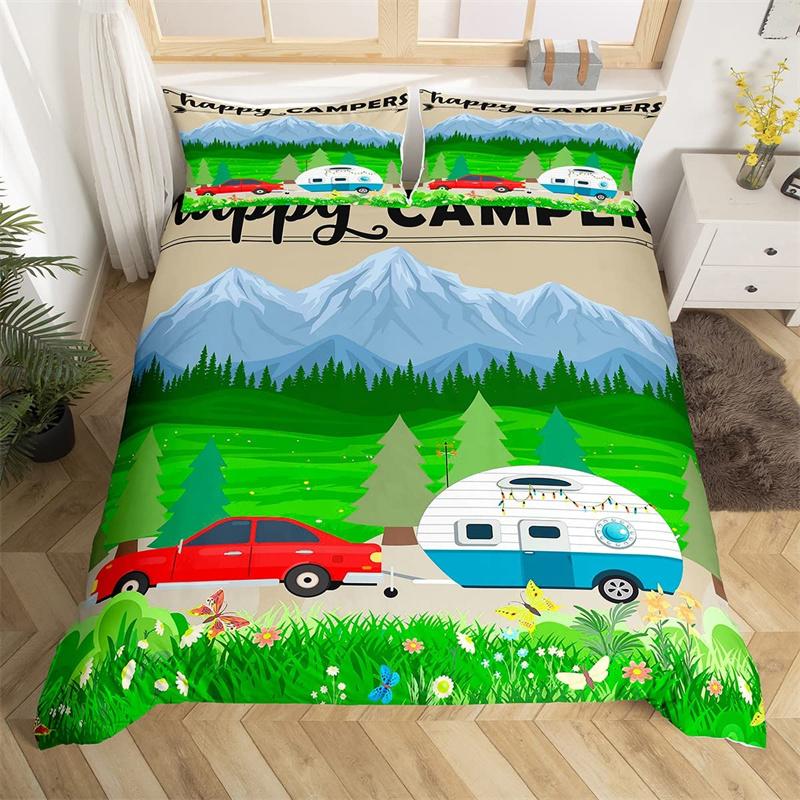 Camping Bettbezug Mikrofaser Galaxie Sterne Mond Happy Camping Bettdeckenbezug Camper Truck Geometrie Berg Bäume Bettwäscheset