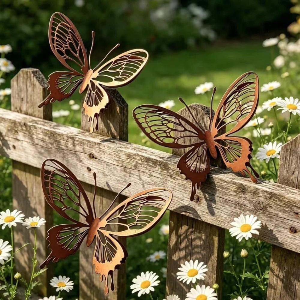 1/3PCS Hollow Double Layer Rusty Butterfly Wall Hanging Metal Structure Butterfly Garden Decor Yard